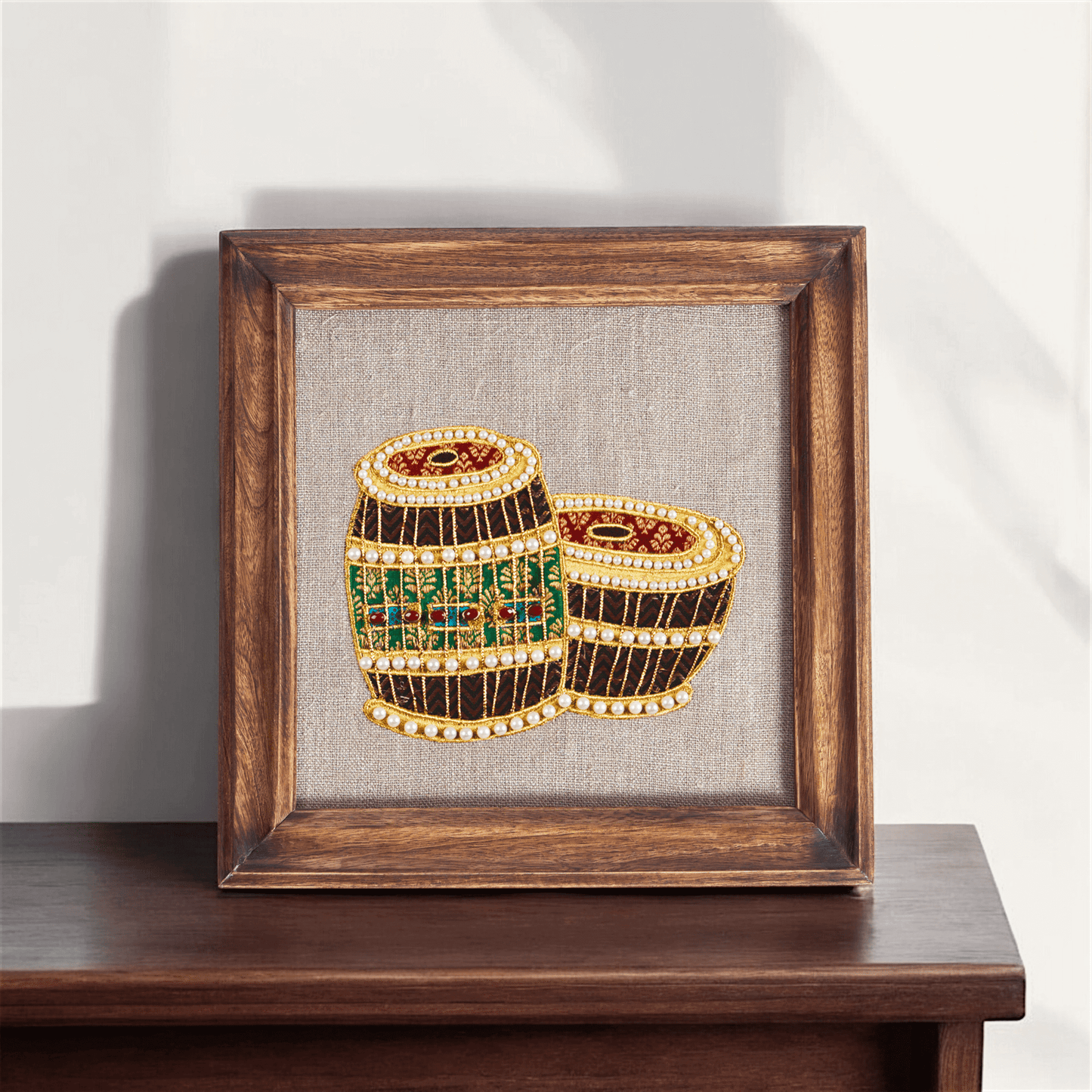TABLA Musical instrument wall art, embroidery and applique in hoop OR wooden frame