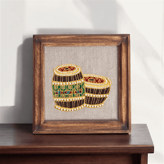 TABLA Musical instrument wall art, embroidery and applique in hoop OR wooden frame