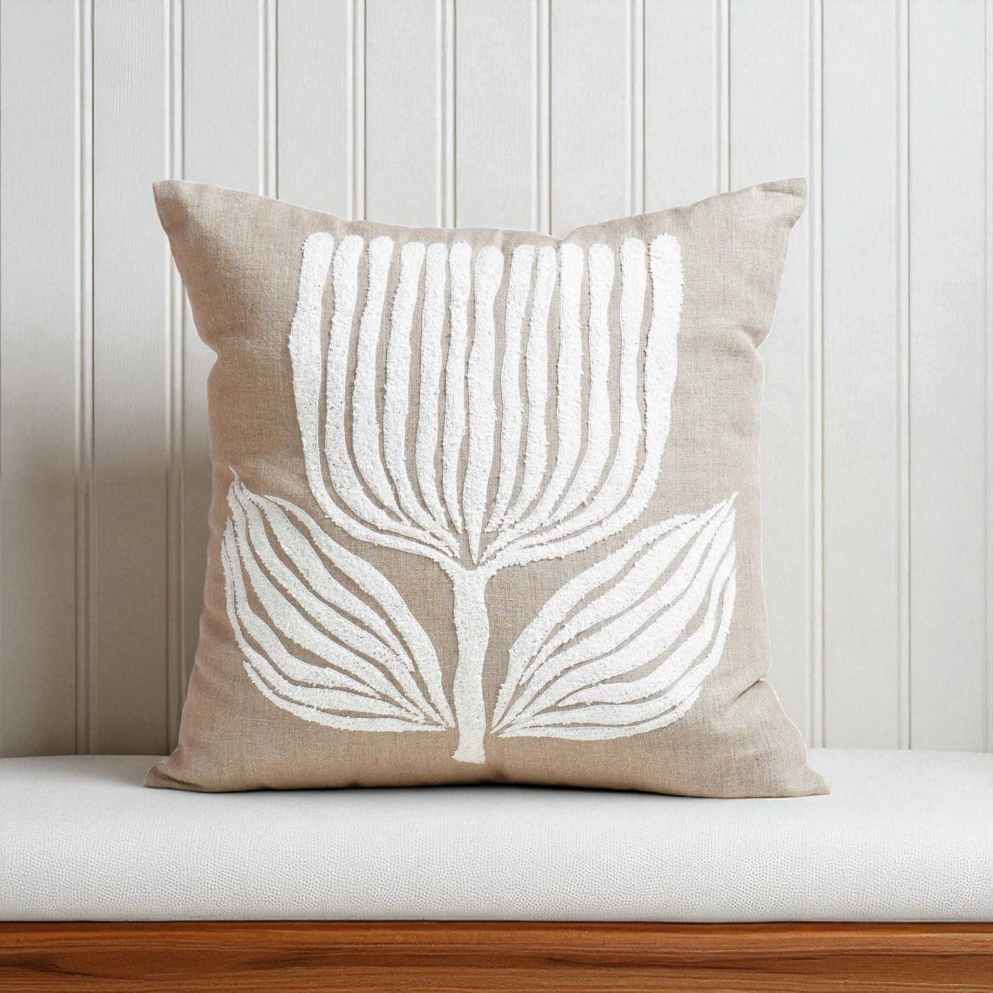 PURE ELEMENTS -Pure Linen Pillow Cover with White Aari Embroidery – Scandinavian Floral | 18x18 inches