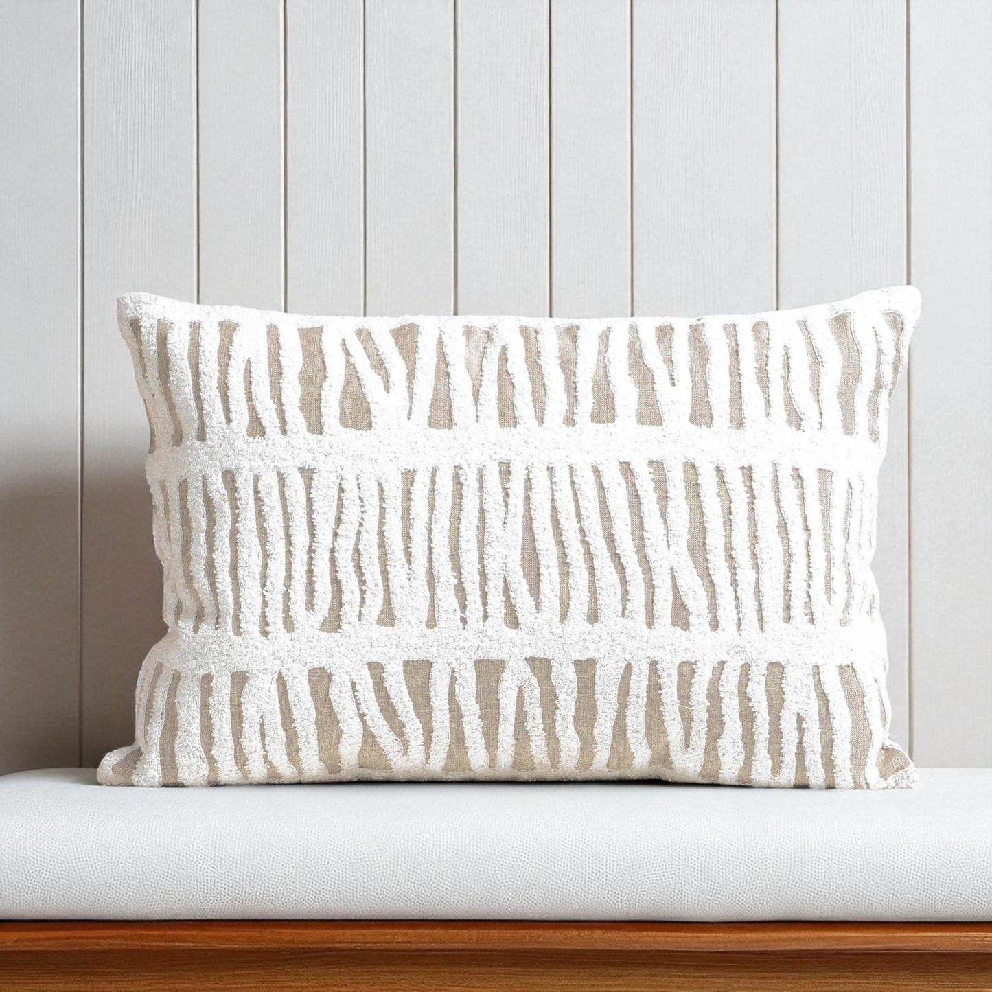 PURE ELEMENTS -Pure Linen Pillow Cover with White Aari Embroidery- abstract stripe | 14X21 inches