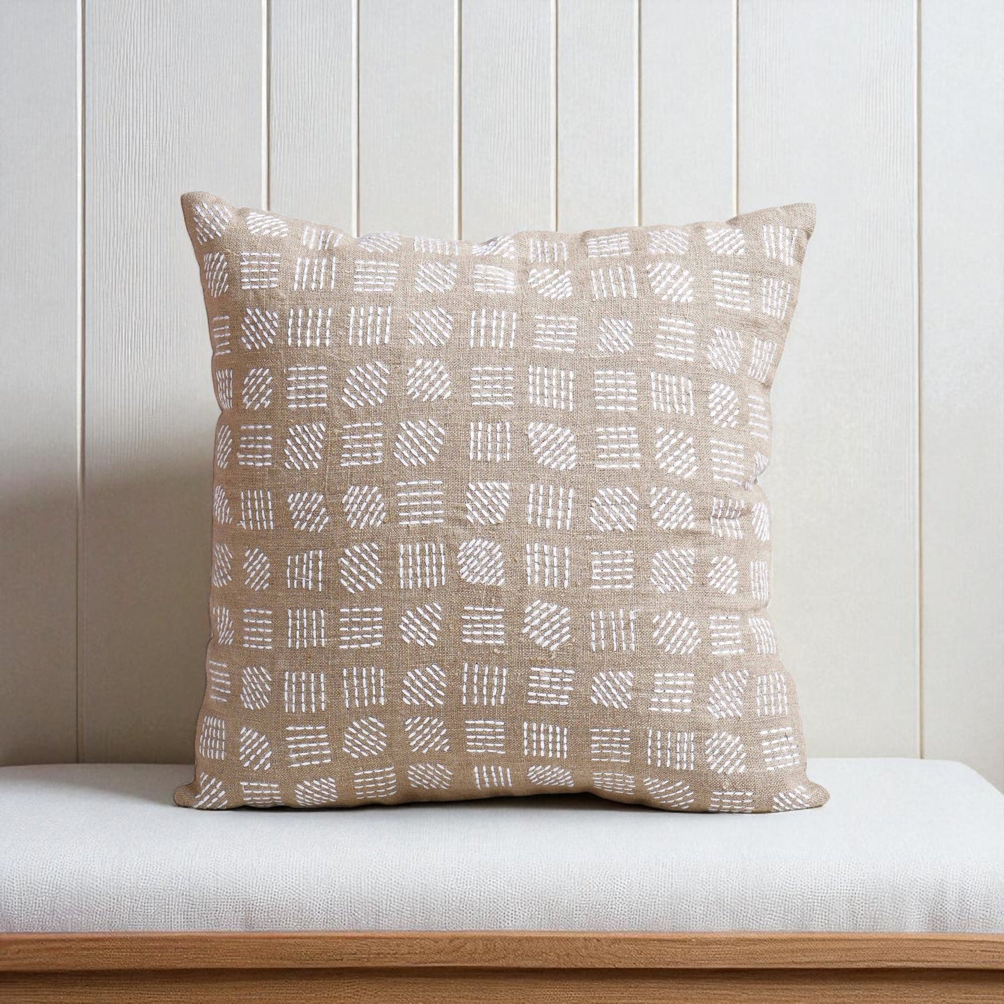 PURE ELEMENTS - Pure Linen Pillow Cover with White Rice Stitch Embroidery - Grid Pattern | 18x18 inches