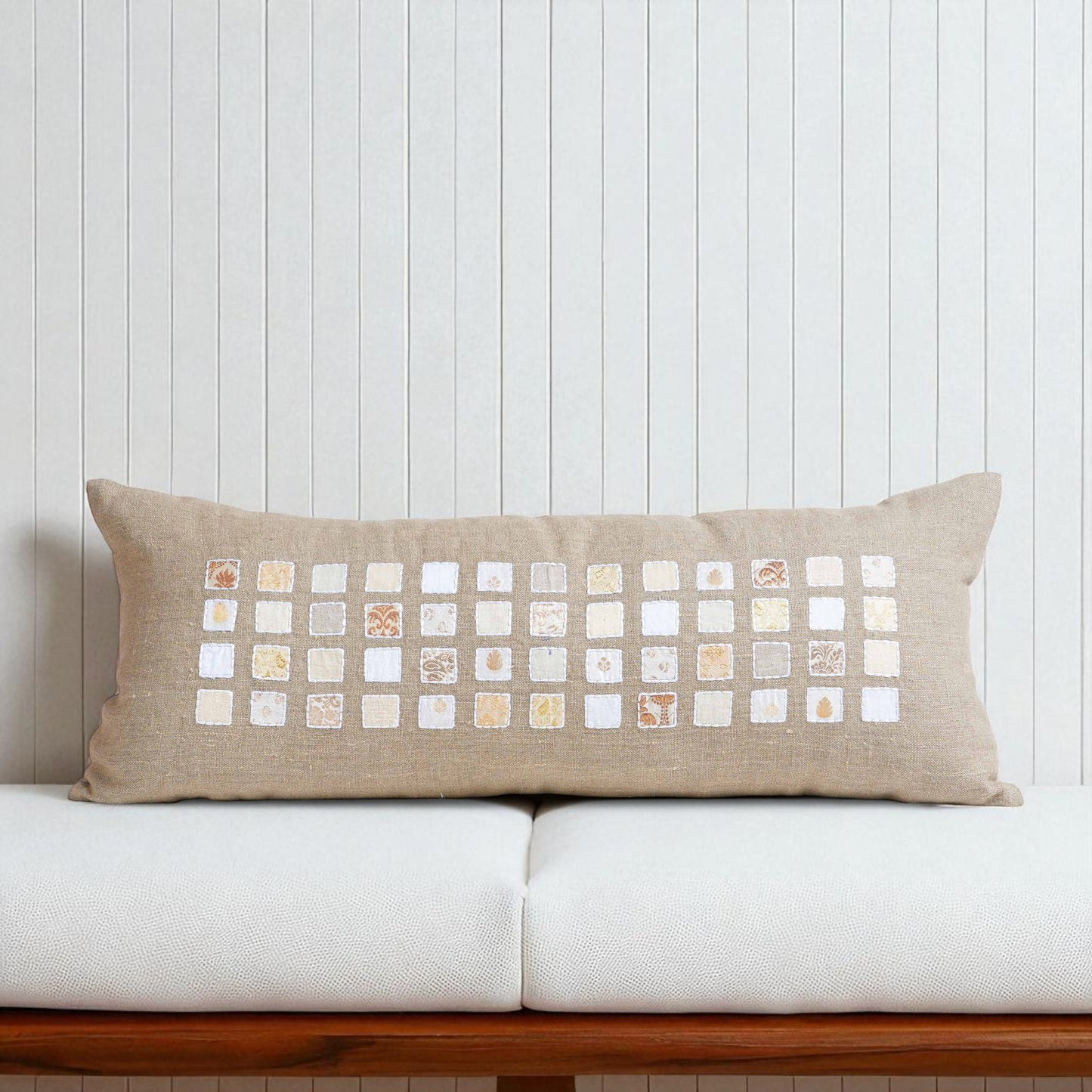 PURE ELEMENTS - Pure Linen Pillow Cover with White Grid Appliqué & Rice Stitch Embroidery | 12X30 inches