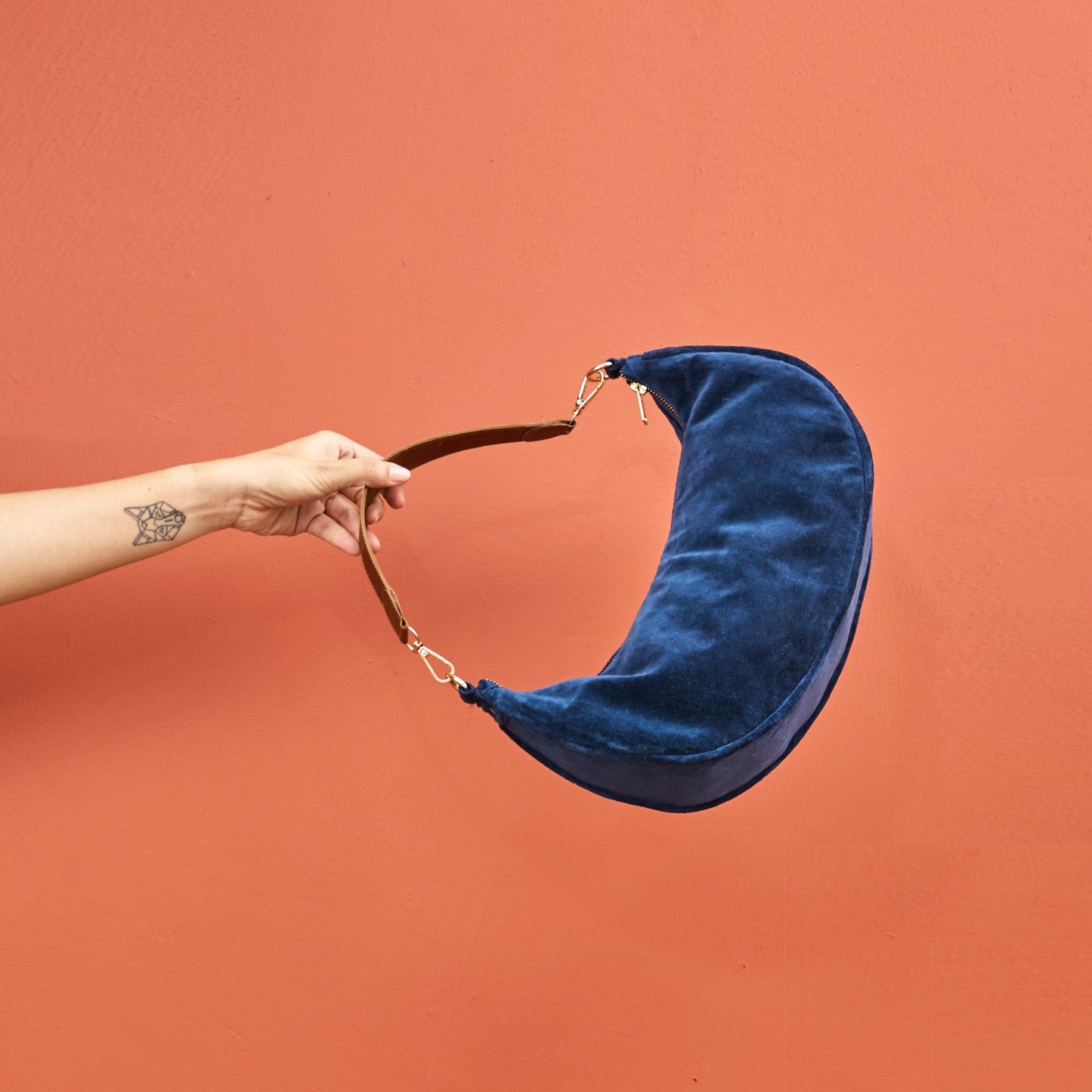 BLUE VELVET half moon crescent purse, reversible, detachable embroidered leather handles, 13 w X6.5 ht inches