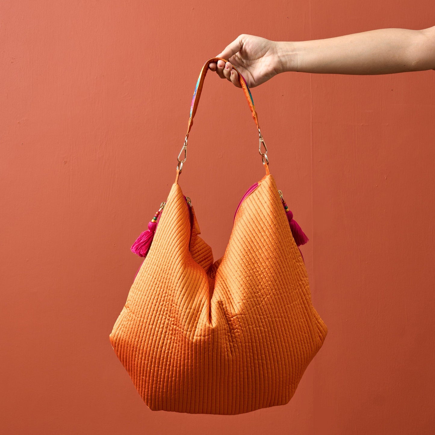 Faux Silk quilted HOBO Bag, Tangerine, hand embroidered handle, Gift for her