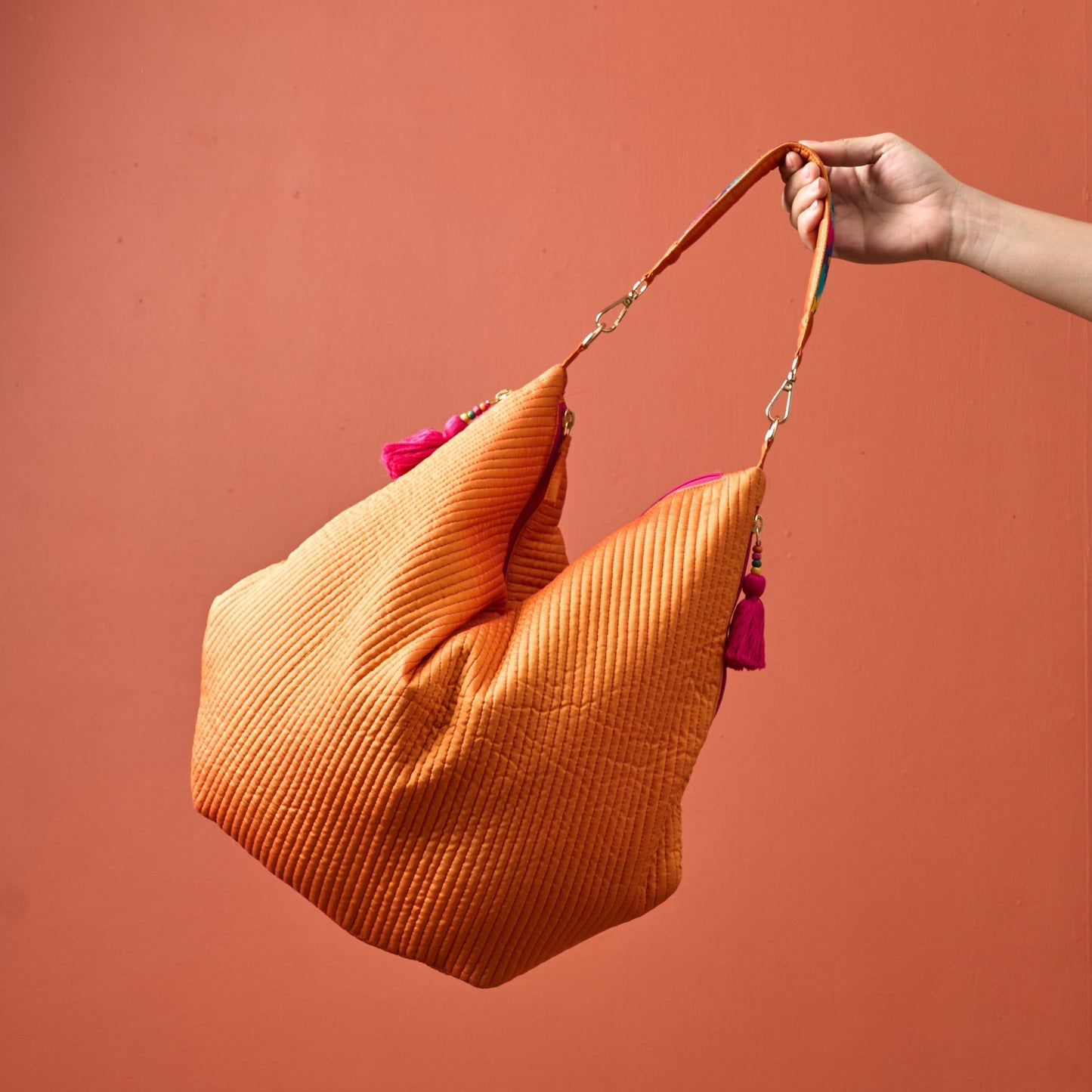 Faux Silk quilted HOBO Bag, Tangerine, hand embroidered handle, Gift for her
