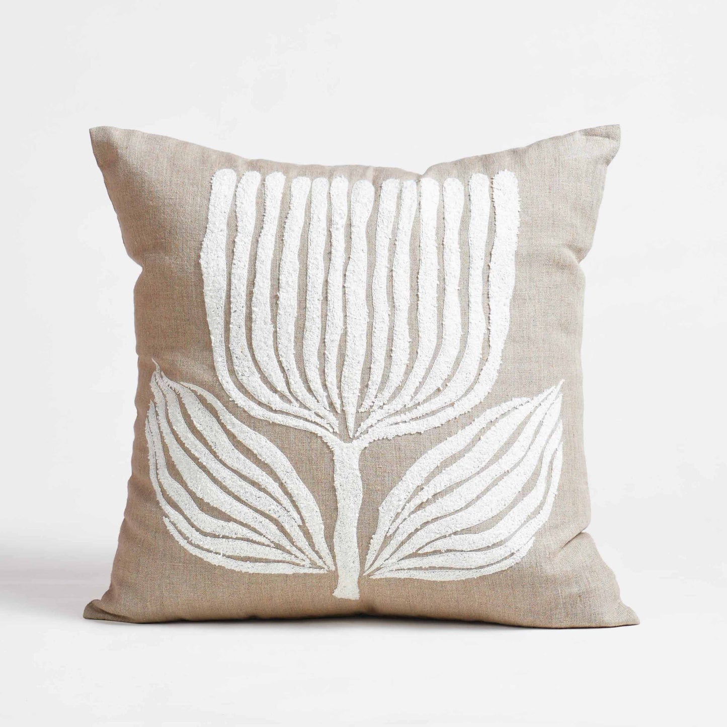PURE ELEMENTS -Pure Linen Pillow Cover with White Aari Embroidery – Scandinavian Floral | 18x18 inches