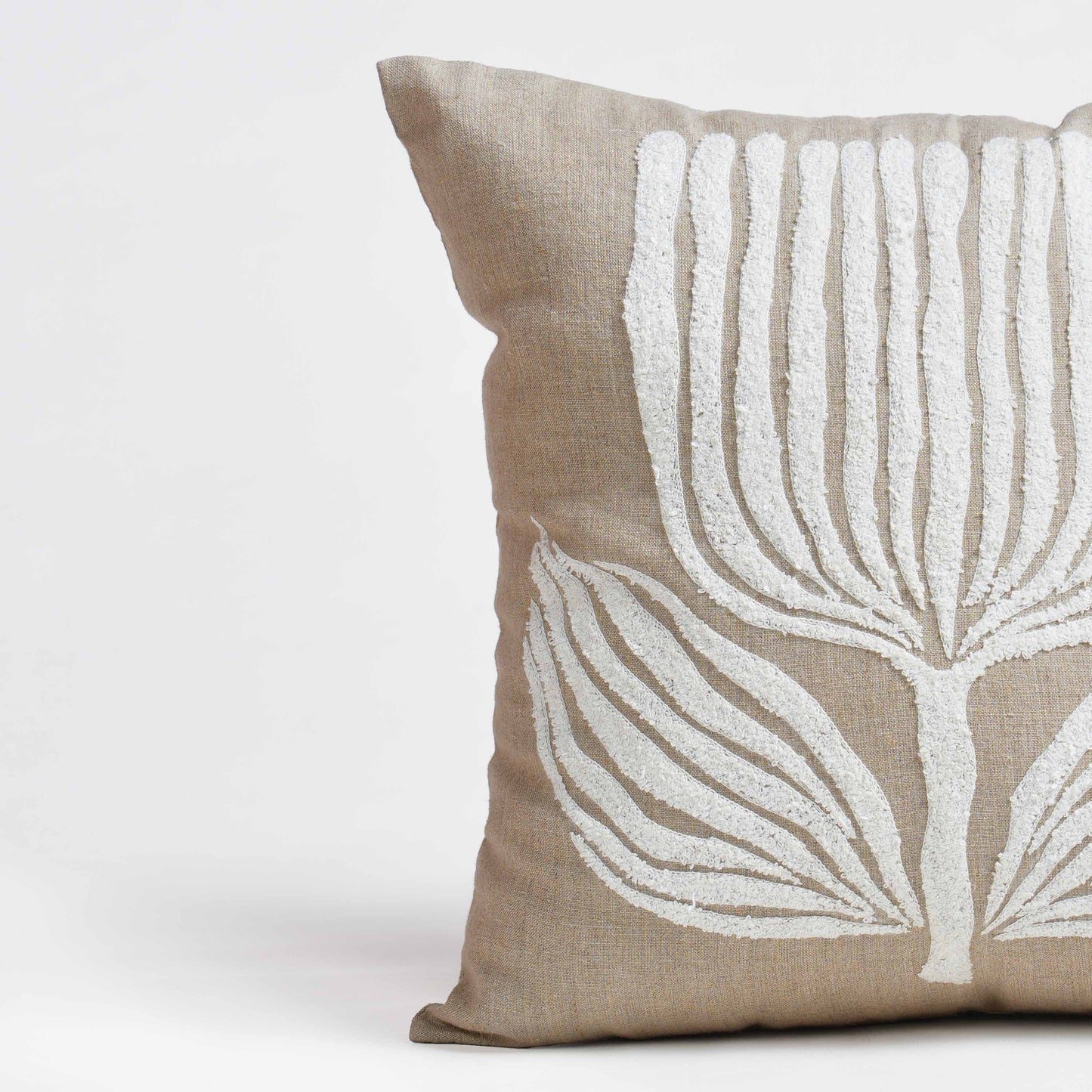 PURE ELEMENTS -Pure Linen Pillow Cover with White Aari Embroidery – Scandinavian Floral | 18x18 inches