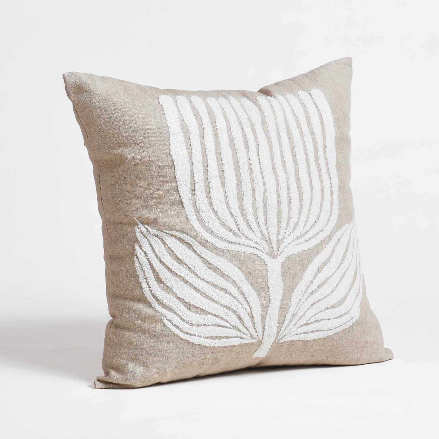 PURE ELEMENTS -Pure Linen Pillow Cover with White Aari Embroidery – Scandinavian Floral | 18x18 inches