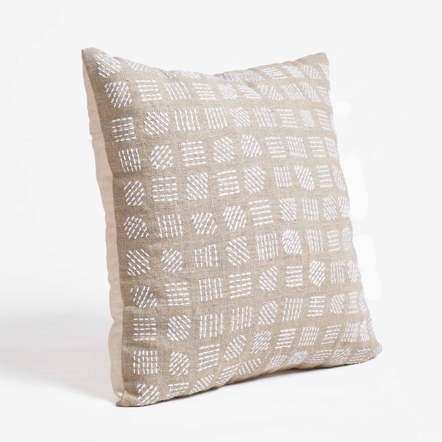 PURE ELEMENTS - Pure Linen Pillow Cover with White Rice Stitch Embroidery - Grid Pattern | 18x18 inches