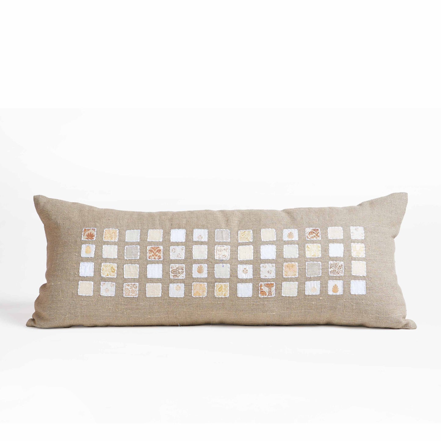 PURE ELEMENTS - Pure Linen Pillow Cover with White Grid Appliqué & Rice Stitch Embroidery | 12X30 inches