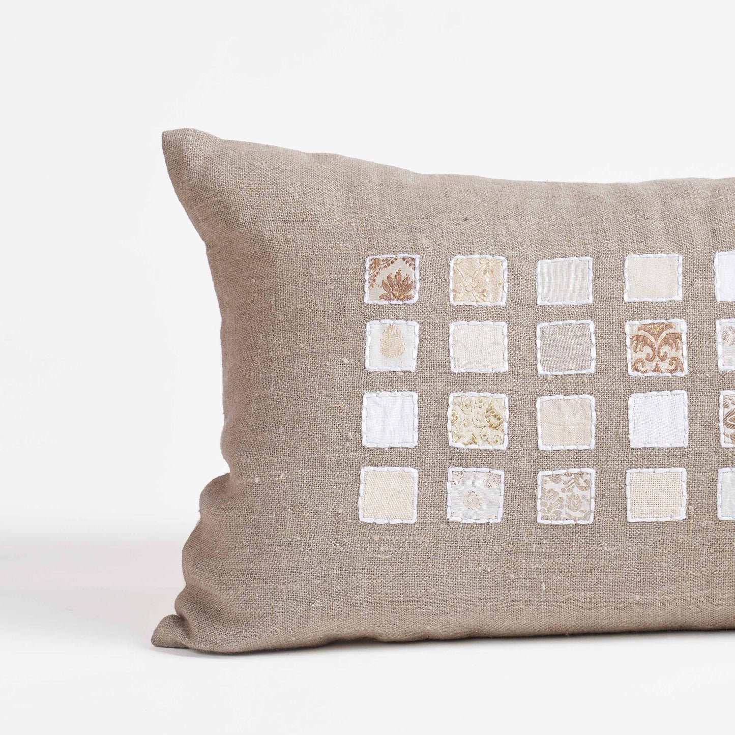 PURE ELEMENTS - Pure Linen Pillow Cover with White Grid Appliqué & Rice Stitch Embroidery | 12X30 inches
