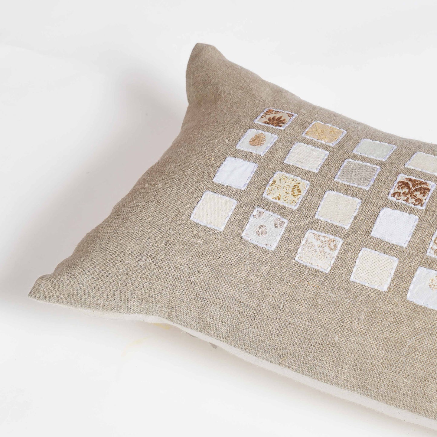 PURE ELEMENTS - Pure Linen Pillow Cover with White Grid Appliqué & Rice Stitch Embroidery | 12X30 inches