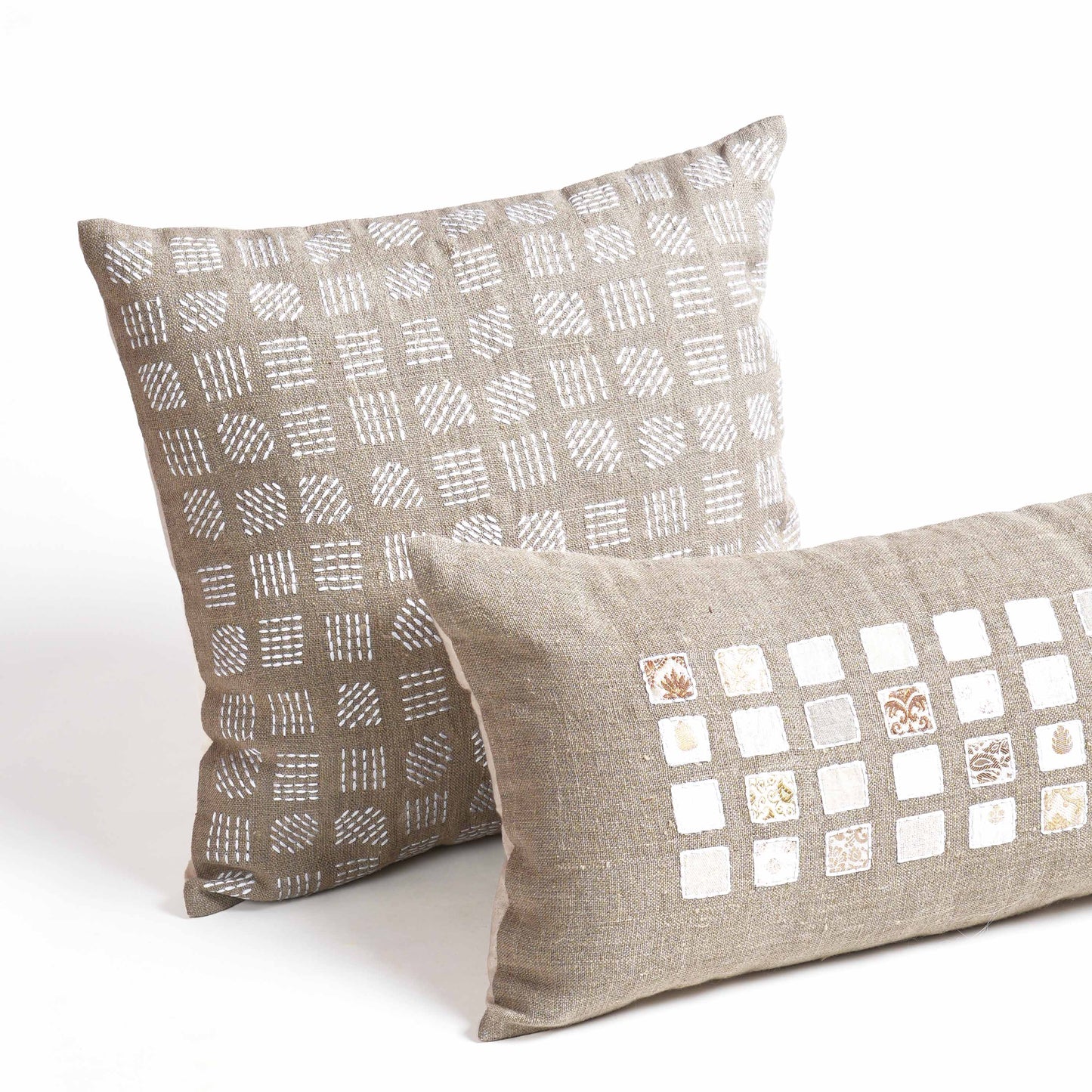 PURE ELEMENTS - Pure Linen Pillow Cover with White Grid Appliqué & Rice Stitch Embroidery | 12X30 inches