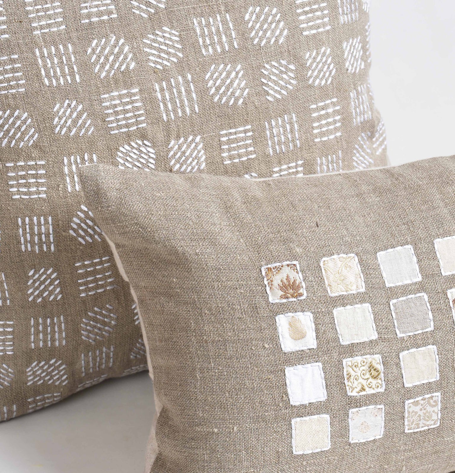 PURE ELEMENTS - Pure Linen Pillow Cover with White Rice Stitch Embroidery - Grid Pattern | 18x18 inches