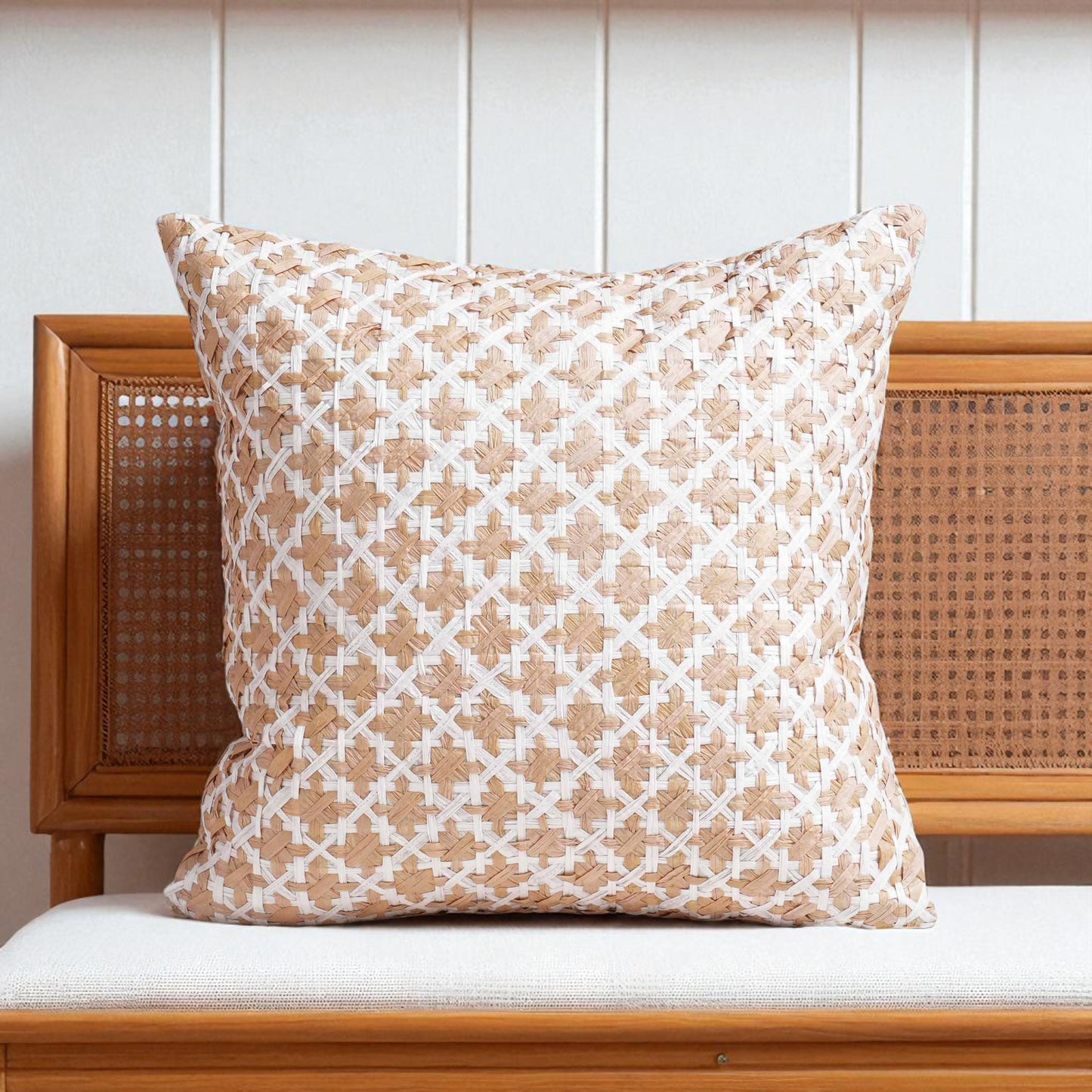 PURE ELEMENTS - Luxury Hand-Interlaced Faux Raffia Pillow Cover – 18x18 inches - diamond pattern