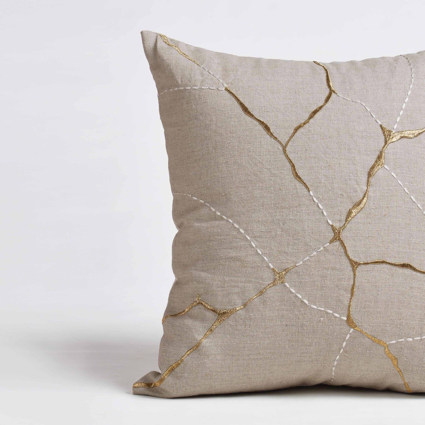 KINTSUGI Embroidered Linen Pillow Cover – 18x18 Inch, Gold & White Embroidery, Small Mend