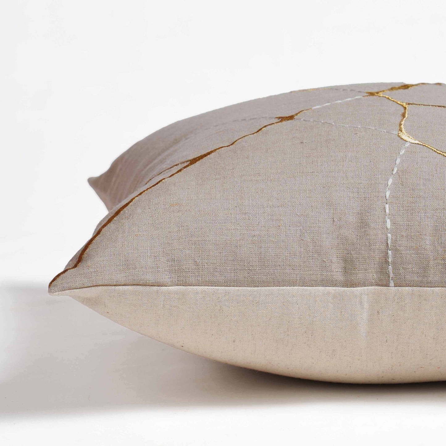 KINTSUGI Embroidered Linen Pillow Cover – 18x18 Inch, Gold & White Embroidery, Small Mend