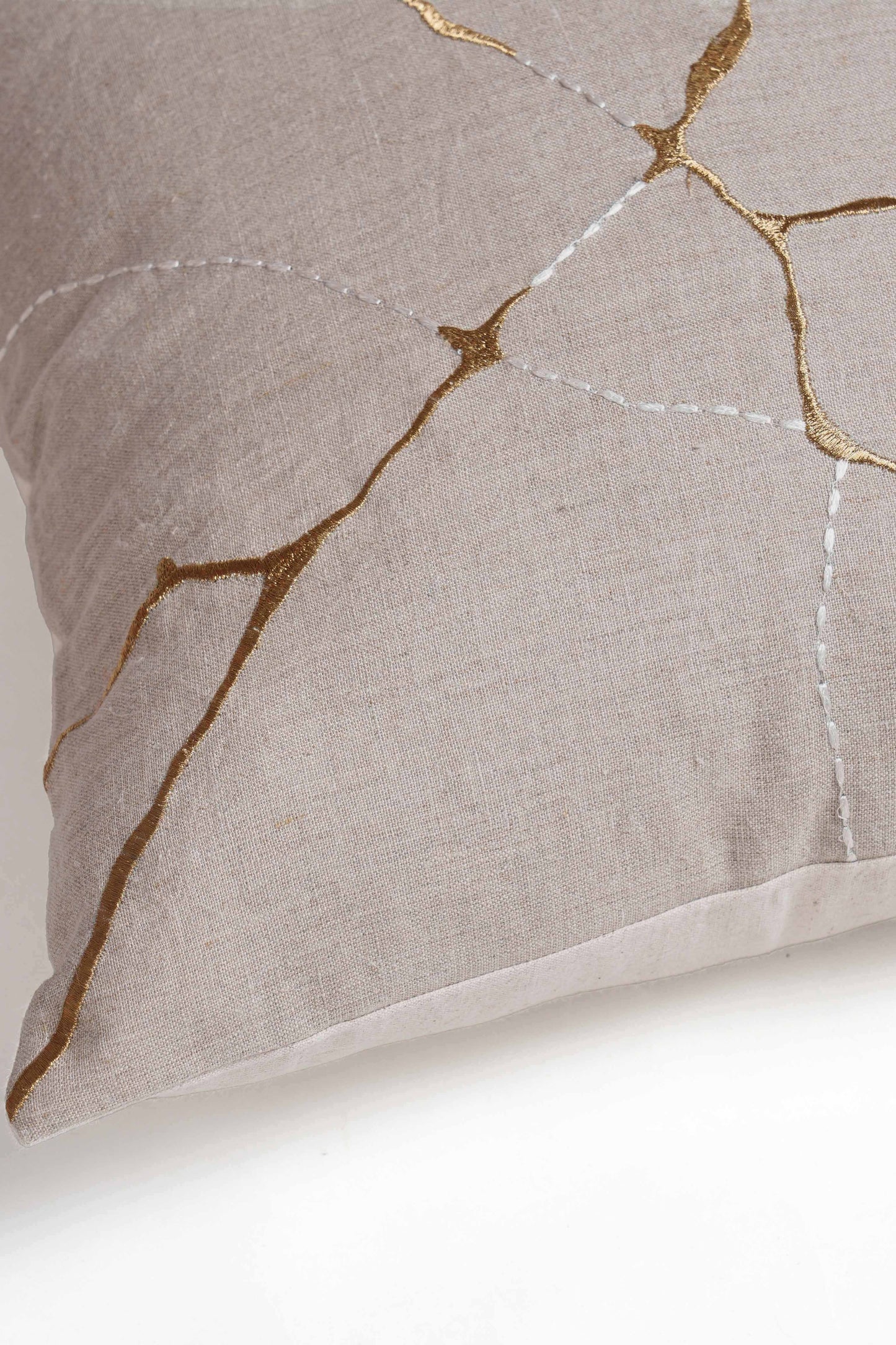 KINTSUGI Embroidered Linen Pillow Cover – 18x18 Inch, Gold & White Embroidery, Small Mend