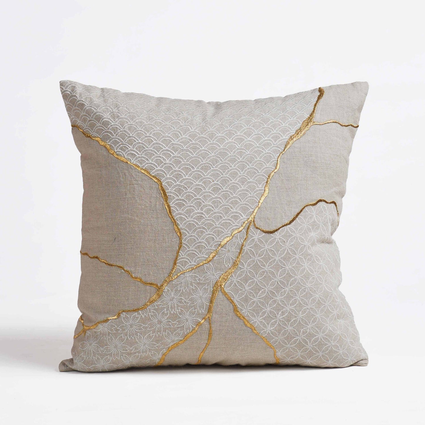 KINTSUGI Embroidered Linen Pillow Cover – 18x18 Inch, Gold & White Embroidery, Big Mend
