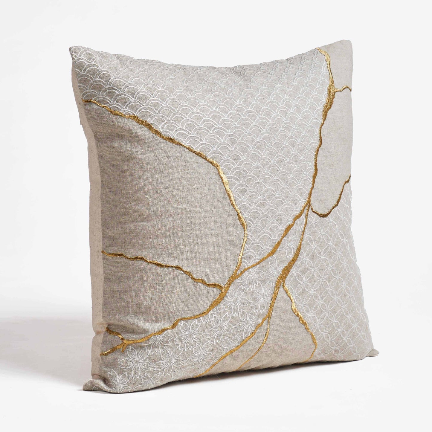 KINTSUGI Embroidered Linen Pillow Cover – 18x18 Inch, Gold & White Embroidery, Big Mend