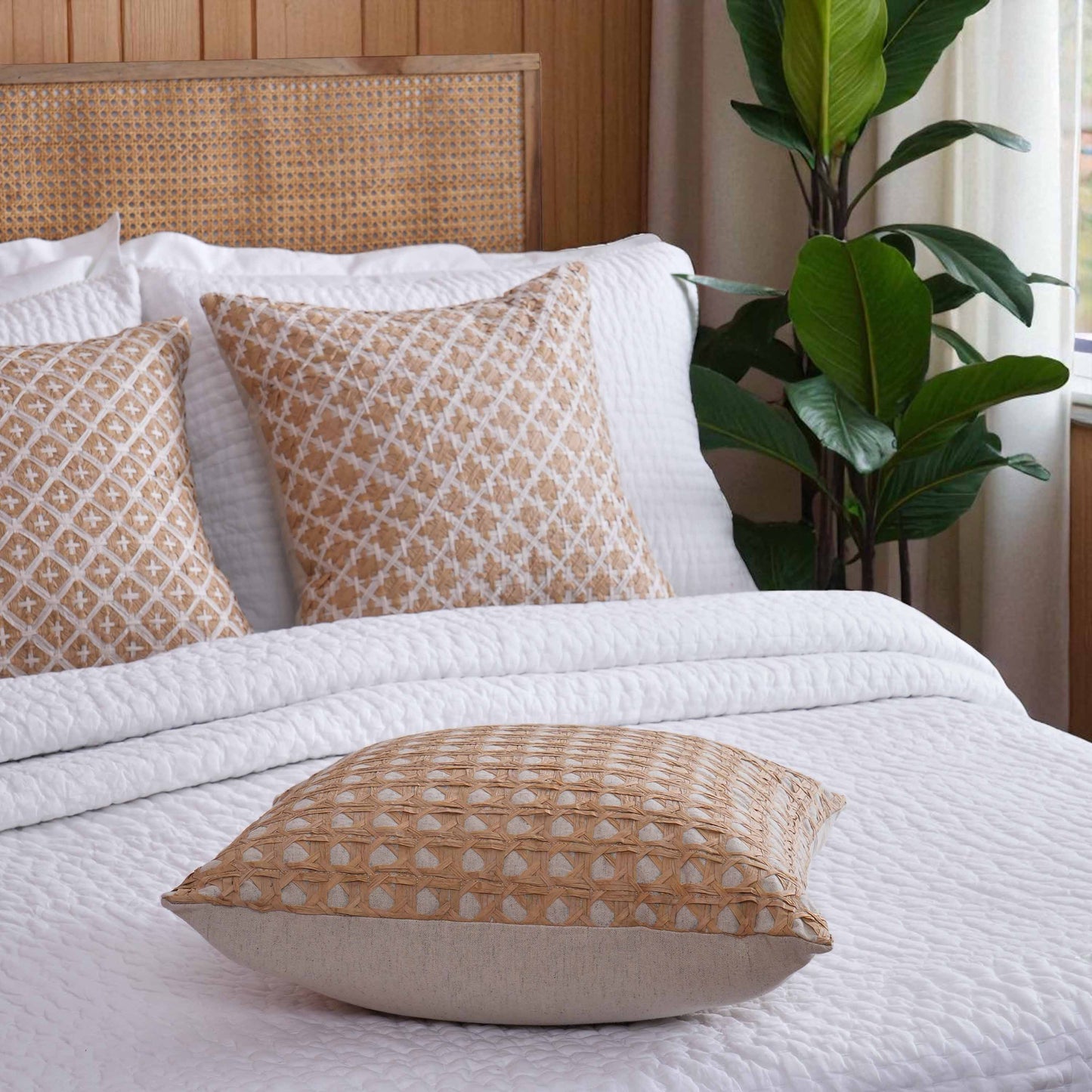 PURE ELEMENTS - Luxury Hand-Interlaced Faux Raffia Pillow Cover – 18x18 inches - cross pattern