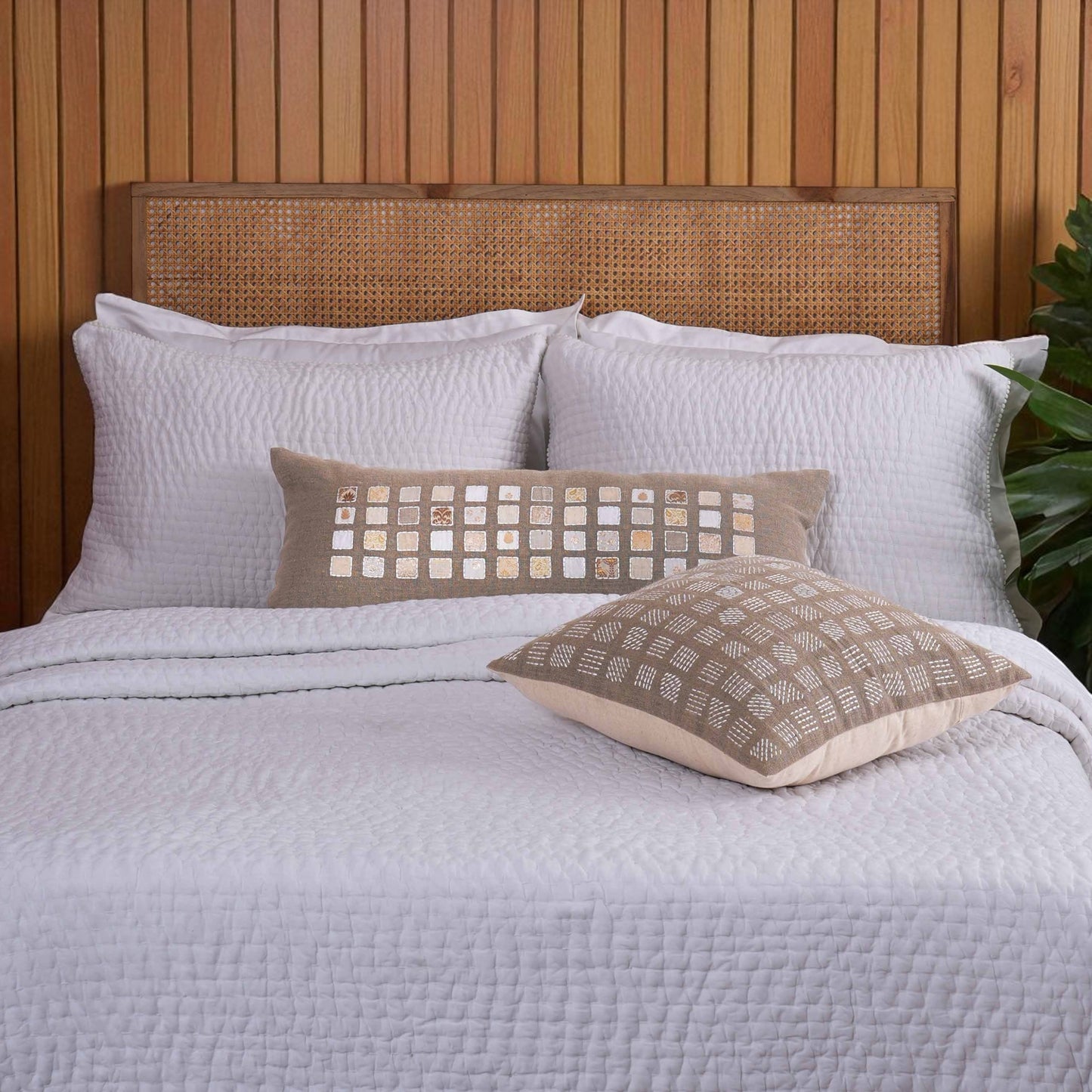 PURE ELEMENTS - Pure Linen Pillow Cover with White Grid Appliqué & Rice Stitch Embroidery | 12X30 inches