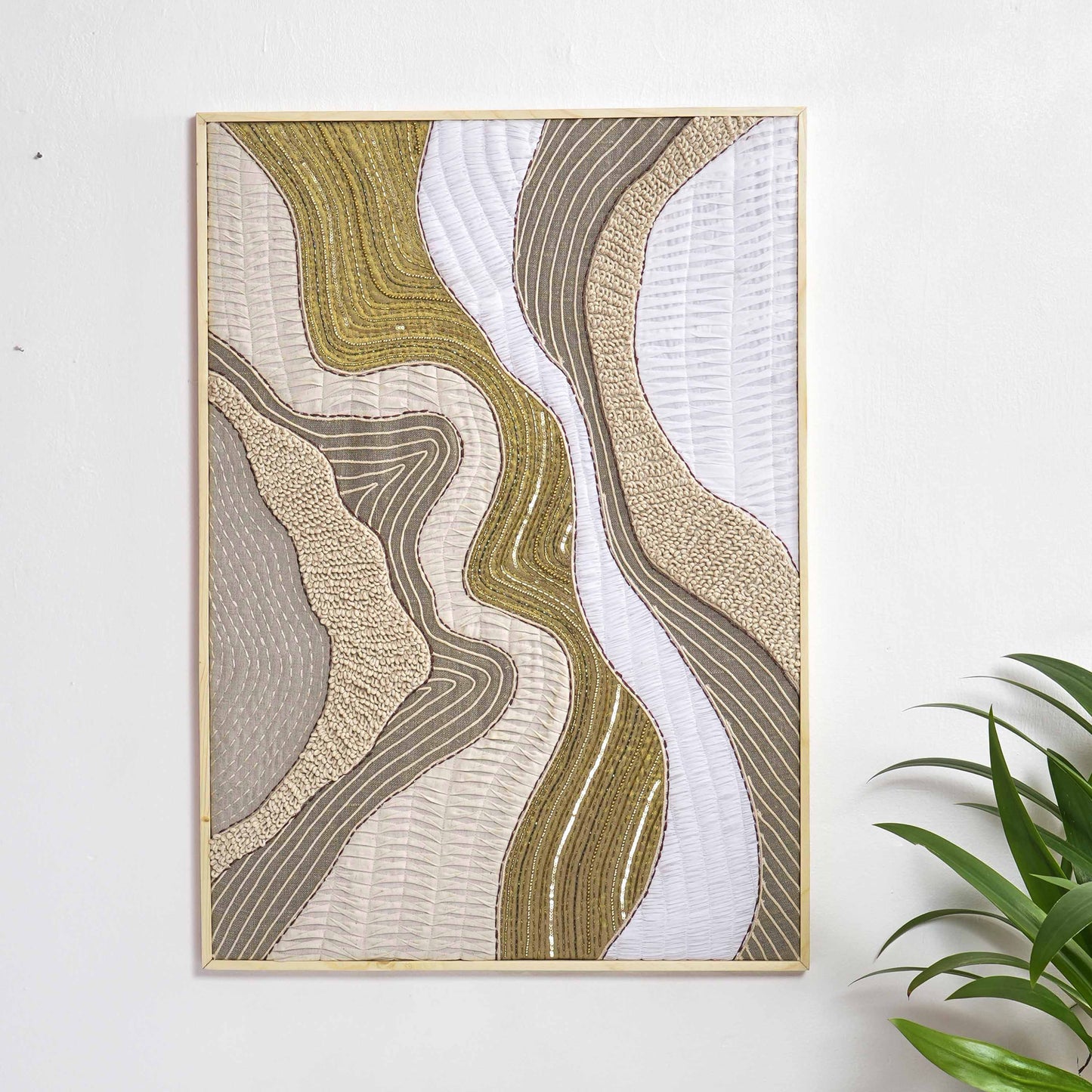 Quilted Textile WALL ART, Natural textures & Gold zari, unframed