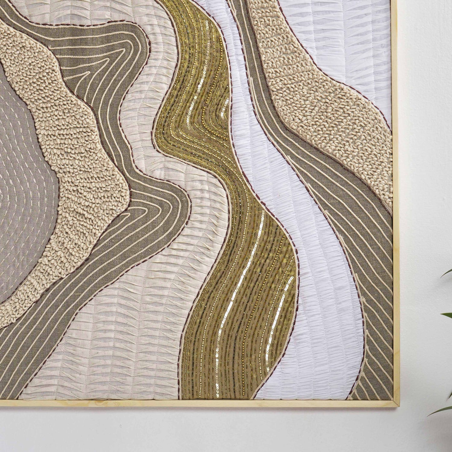 Quilted Textile WALL ART, Natural textures & Gold zari, unframed