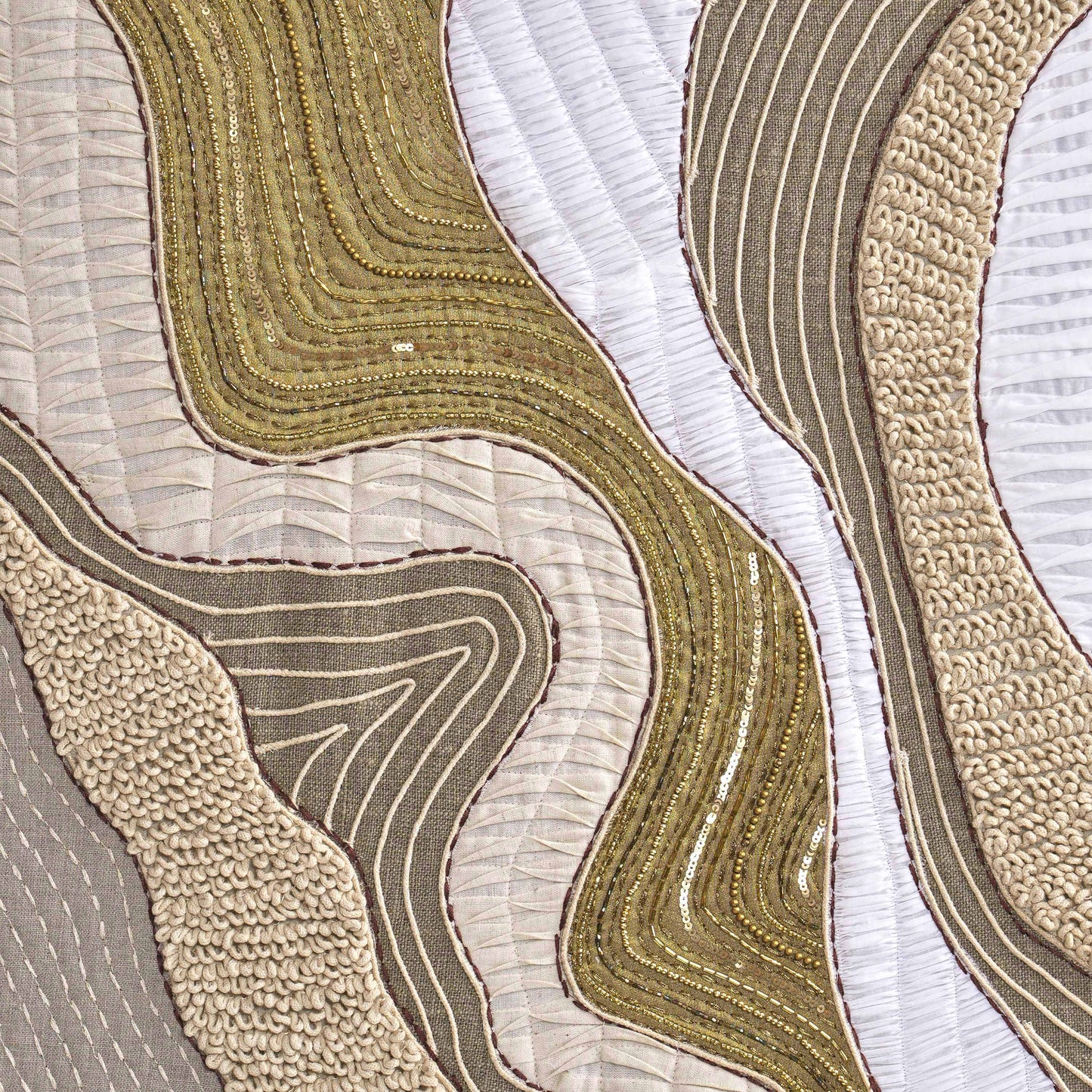 Quilted Textile WALL ART, Natural textures & Gold zari, unframed