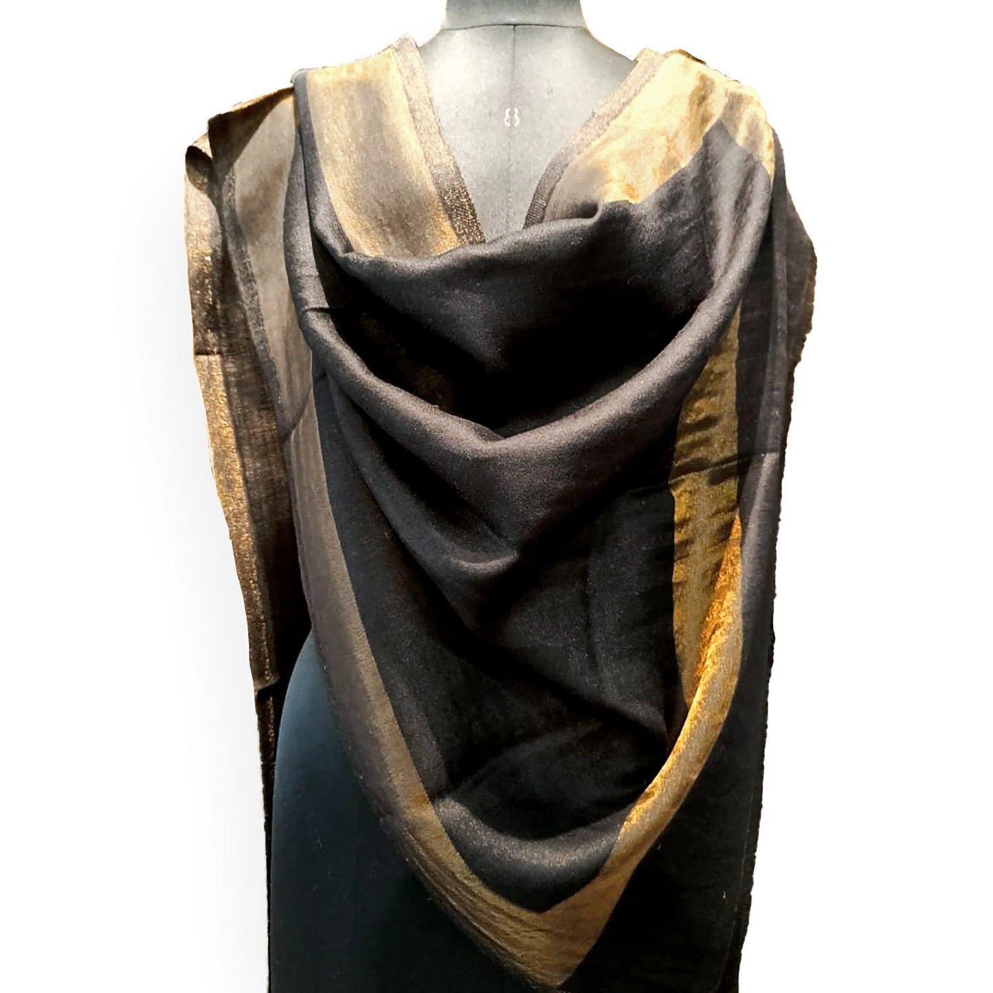 Black fine wool scarf with gold zari border, reversible stole