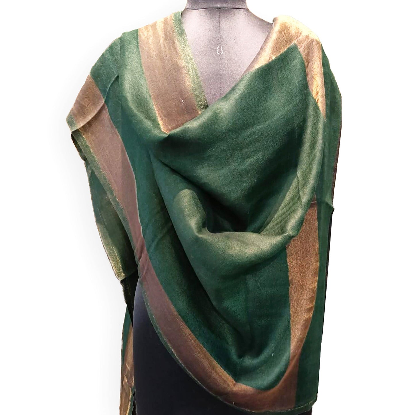 Green fine wool scarf with gold zari border, reversible autumn winter stole
