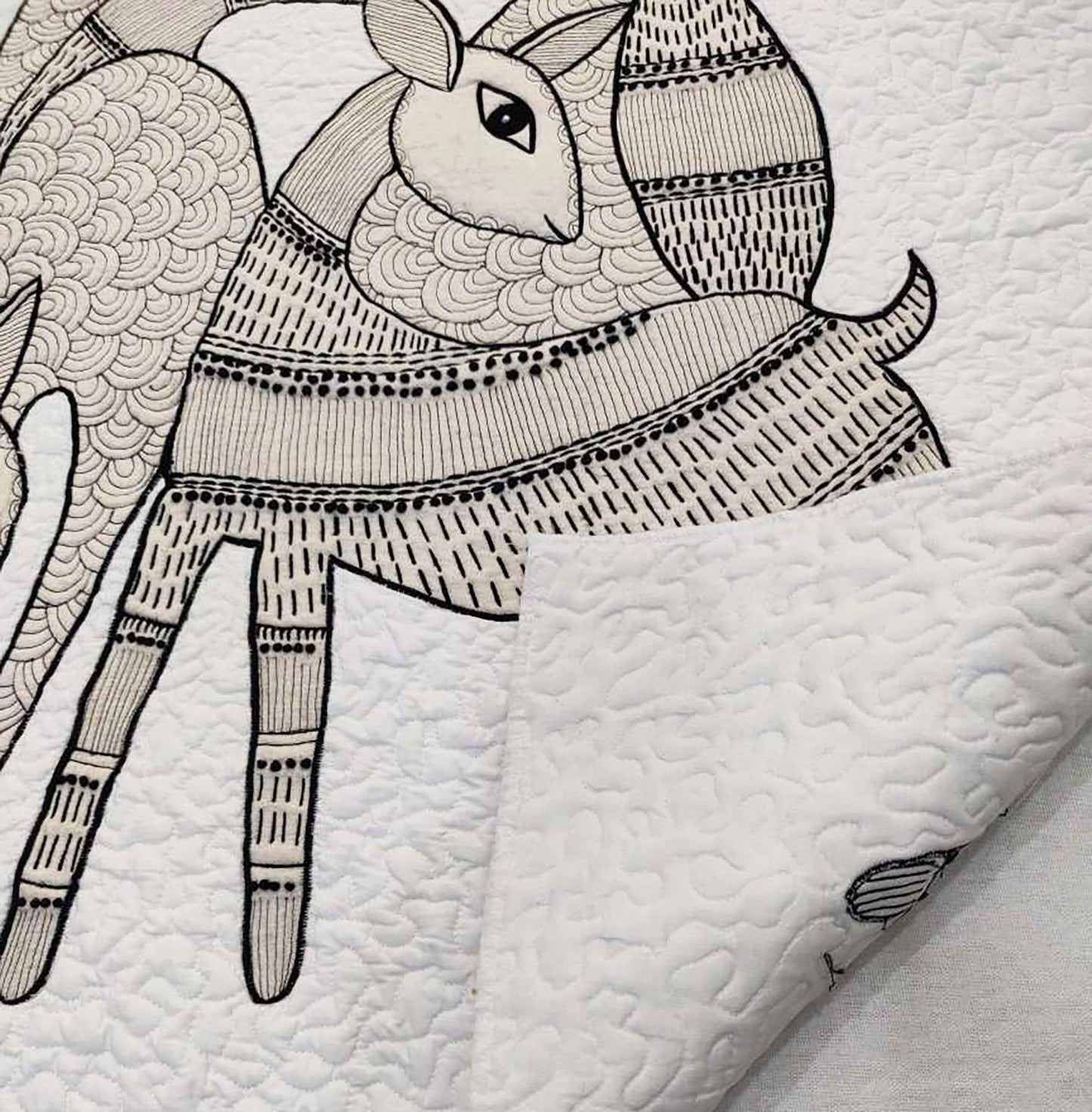 Quilted Textile WALL ART, Gondal art Hiran, black and white, 20X26 inches
