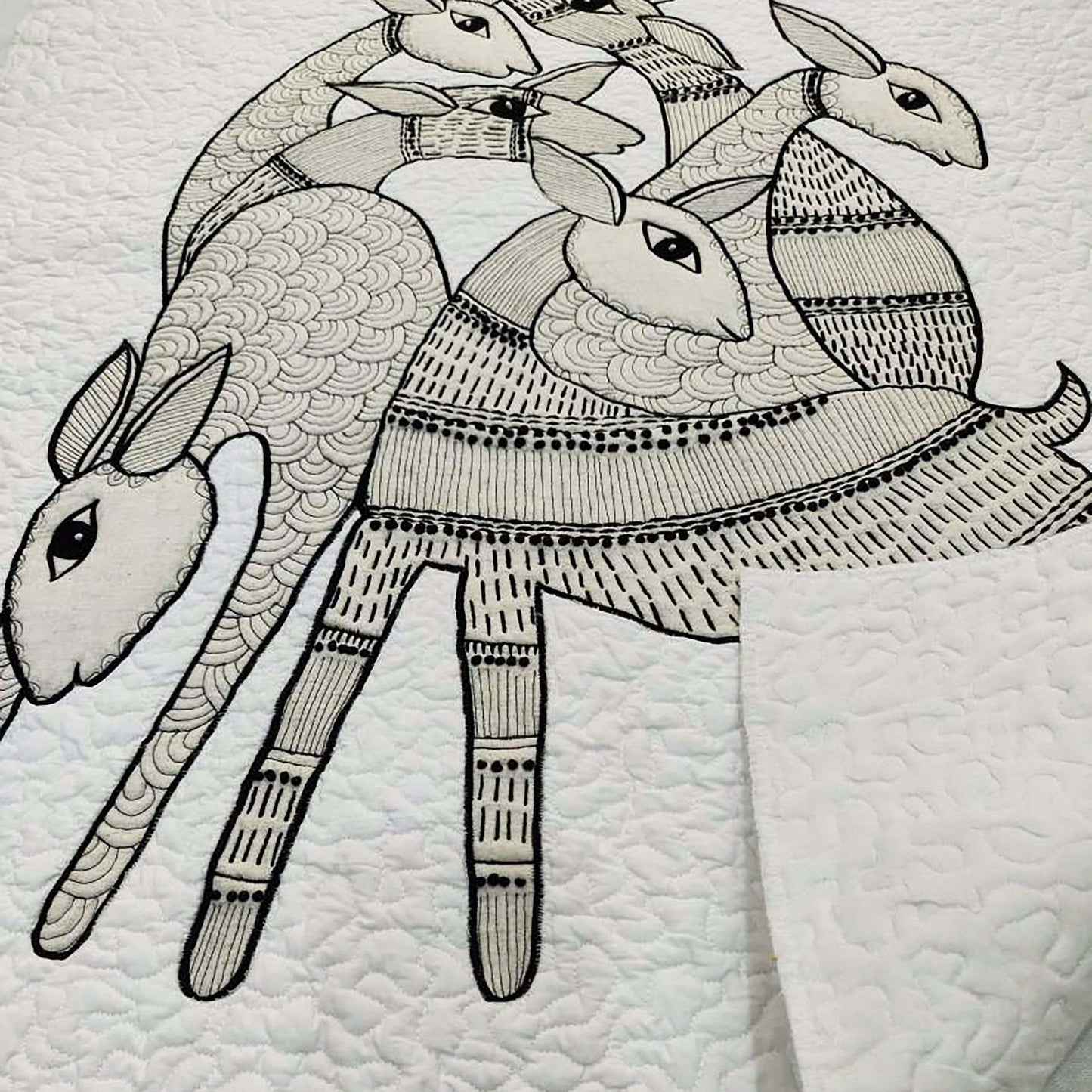 Quilted Textile WALL ART, Gondal art Hiran, black and white, 20X26 inches