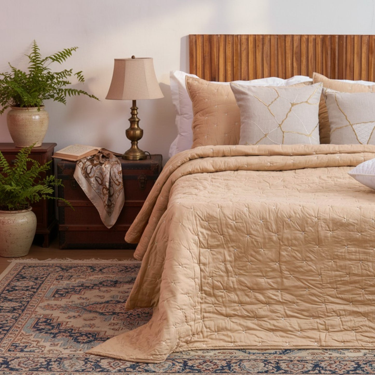 Beige 300TC Fine Cotton Quilt – Diamond Pattern Tuck Quilting