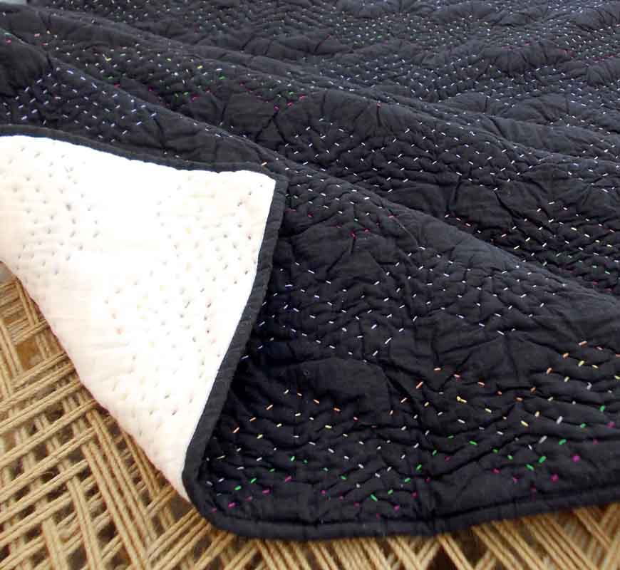 Black Kantha quilt - chevron pattern quilting - Quilt set / Quilt / Pillow case available