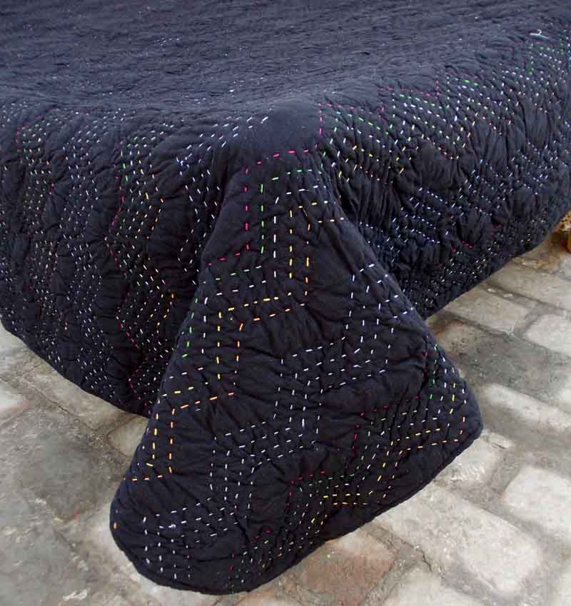 Black Kantha quilt - chevron pattern quilting - Quilt set / Quilt / Pillow case available