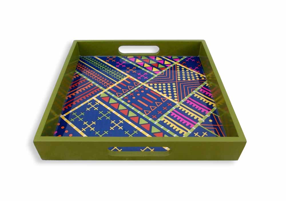 Tribal - Blue square wooden Tray