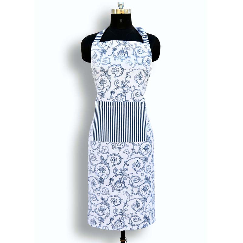 Apron, blue swirl print, Victorian pattern, kitchen accessory