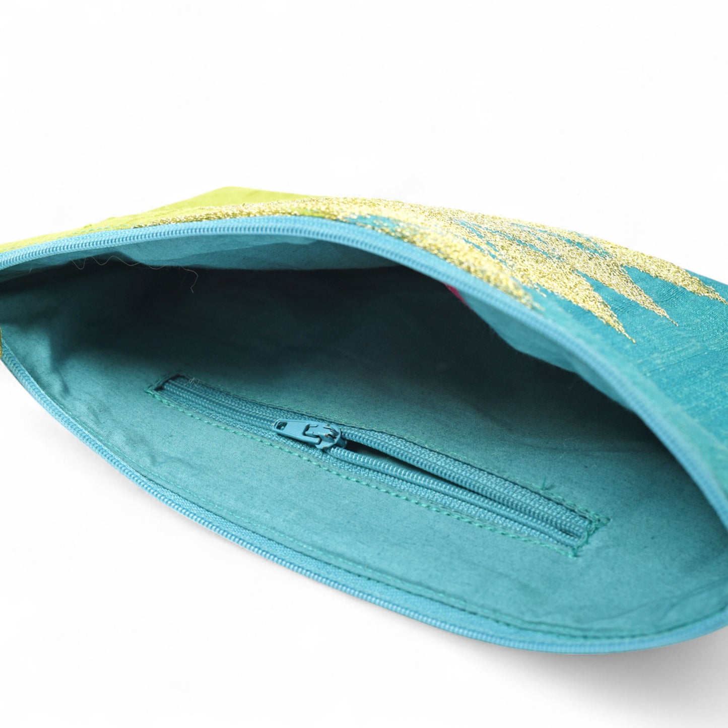 Ikat clutch - turquoise and green evening purse in pure silk with ikat like embroidery