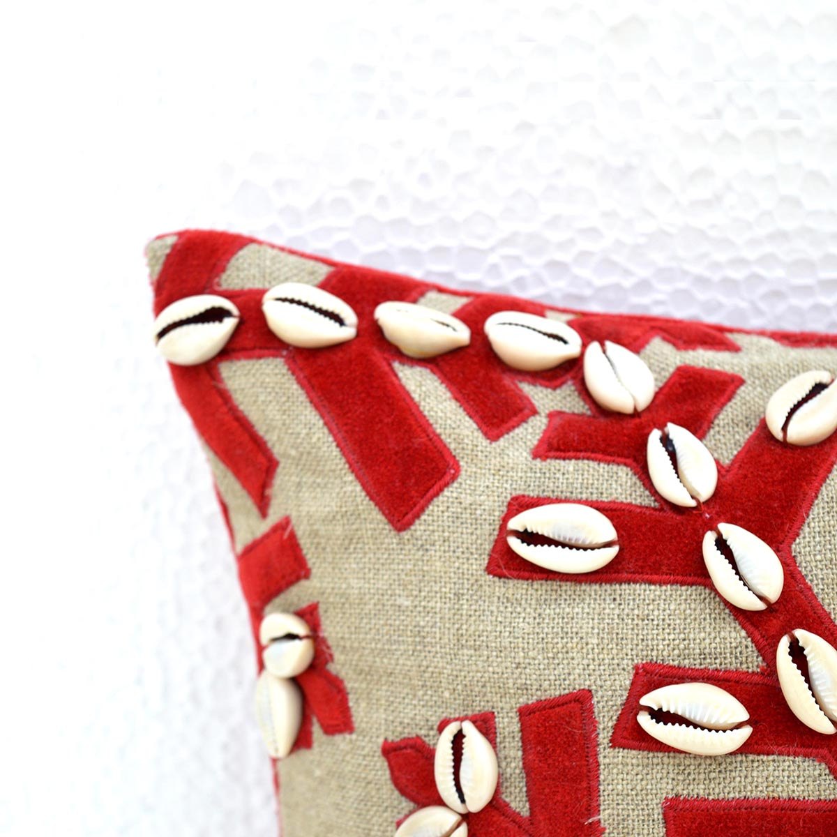 Christmas linen pillow cover, snowflake, velvet applique, cowrie shells