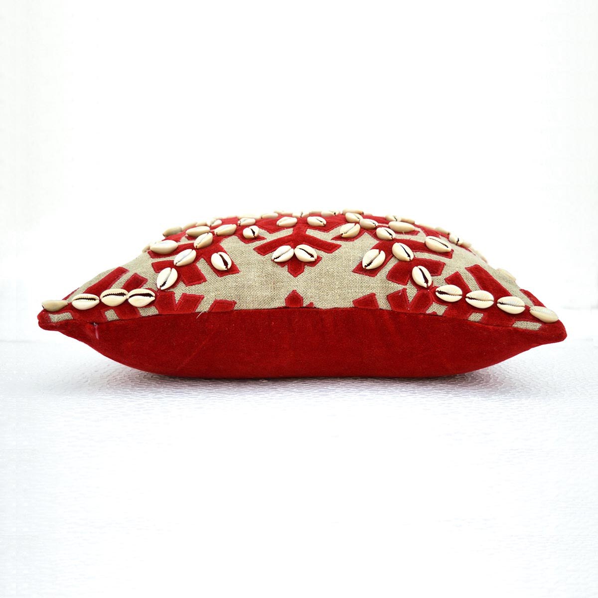 Christmas linen pillow cover, snowflake, velvet applique, cowrie shells