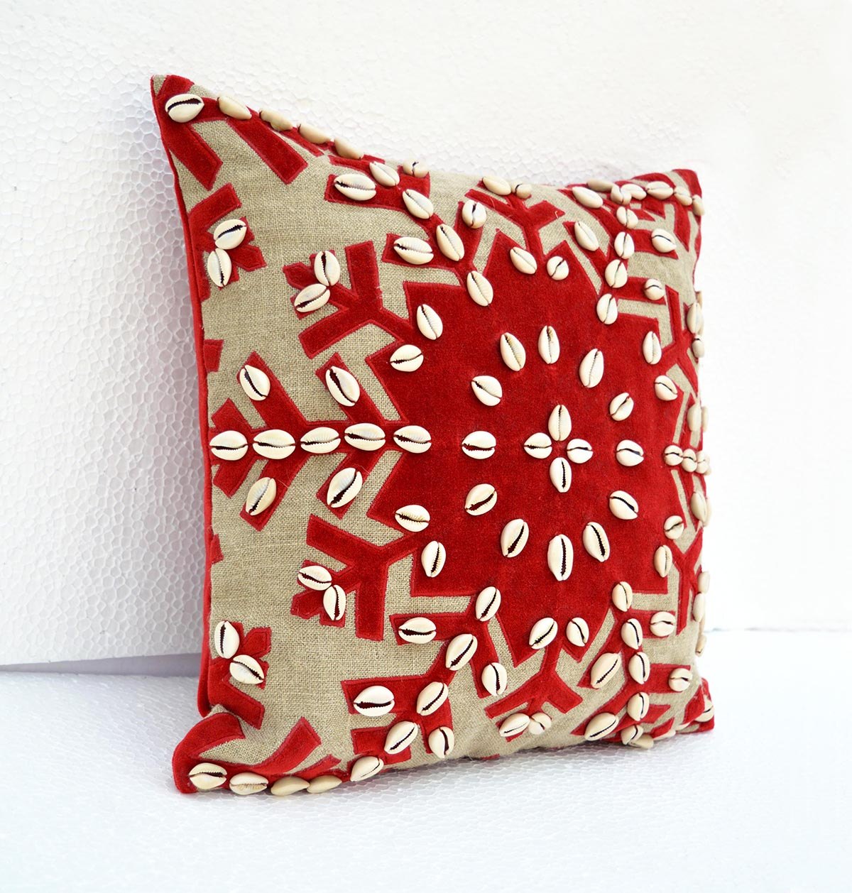 Christmas linen pillow cover, snowflake, velvet applique, cowrie shells