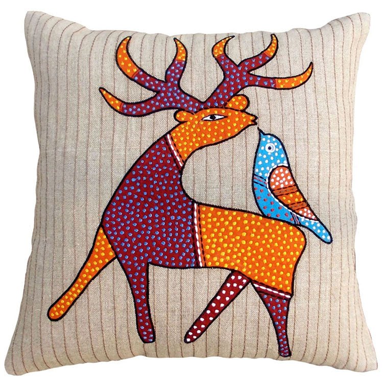 SALE 50% discount, linen pillow cover, deer, tribal, bohemian, Indian, craft, folk motif, appliqued & embroidered pillow size 16"X 16"
