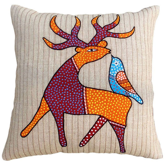 GONDAL ART Linen pillow cover, deer motif, appliqued and embroidered pillow, size 16X16 inches