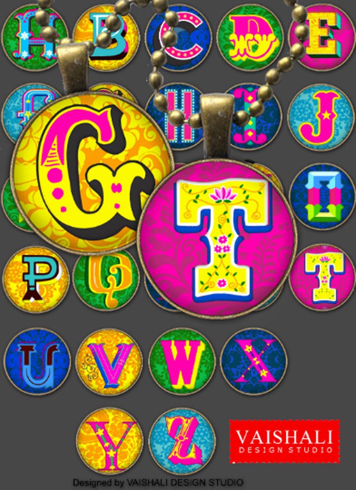 Truck art alphabets, round pendants, digital downloads, 1.2 inch diameter