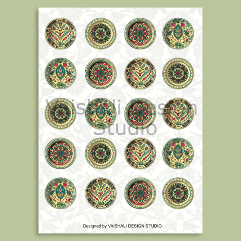 Persian circles , Digital Print download, 1.5 & 0.75 inch diameter, 2 sheet, pendants, ring, magnets, bezel trays,earring
