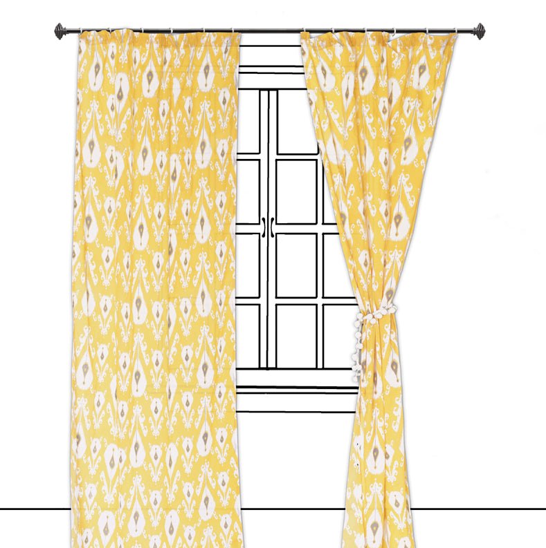 Ikat - Sheer cotton ikat print curtain panel in yellow colour.