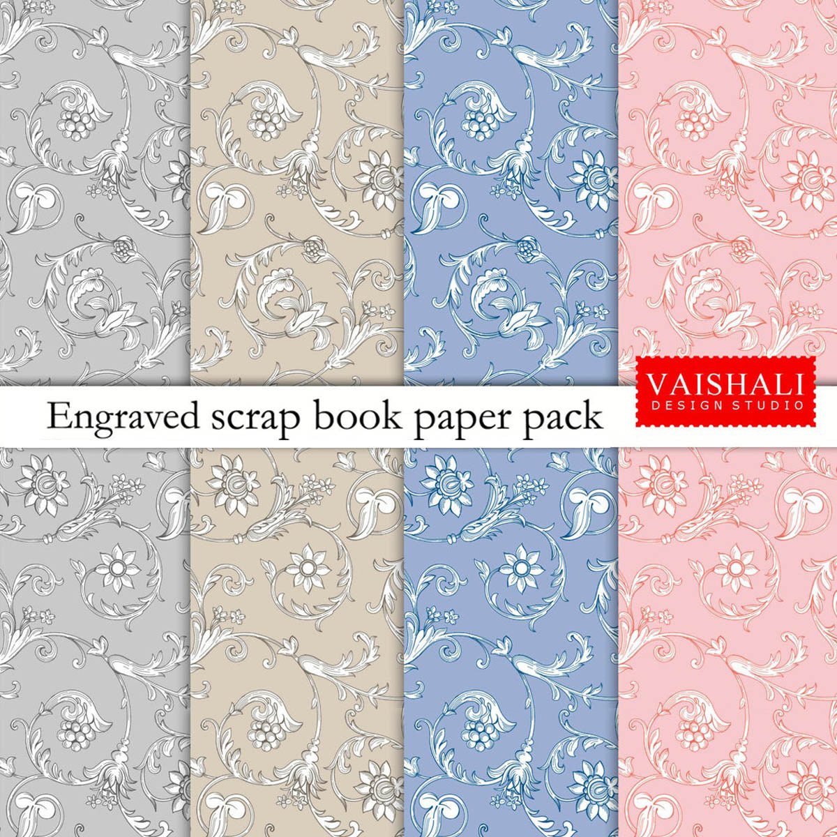 SWIRL, oriental pattern, pastel colour, seamless pattern, 4 sheets, digital print downloads