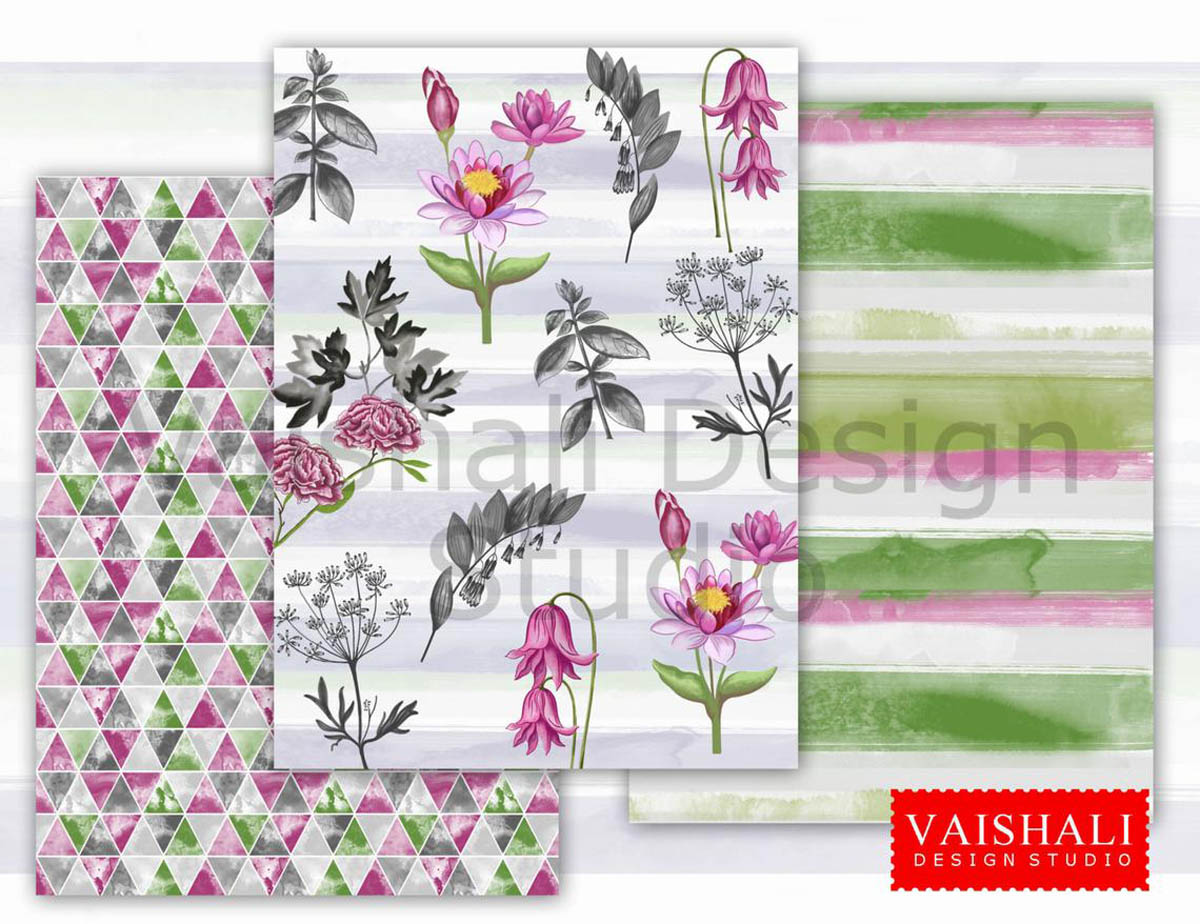 Water colour Floral patterns, multicoloured, seamless pattern, 3 sheets, digital prints