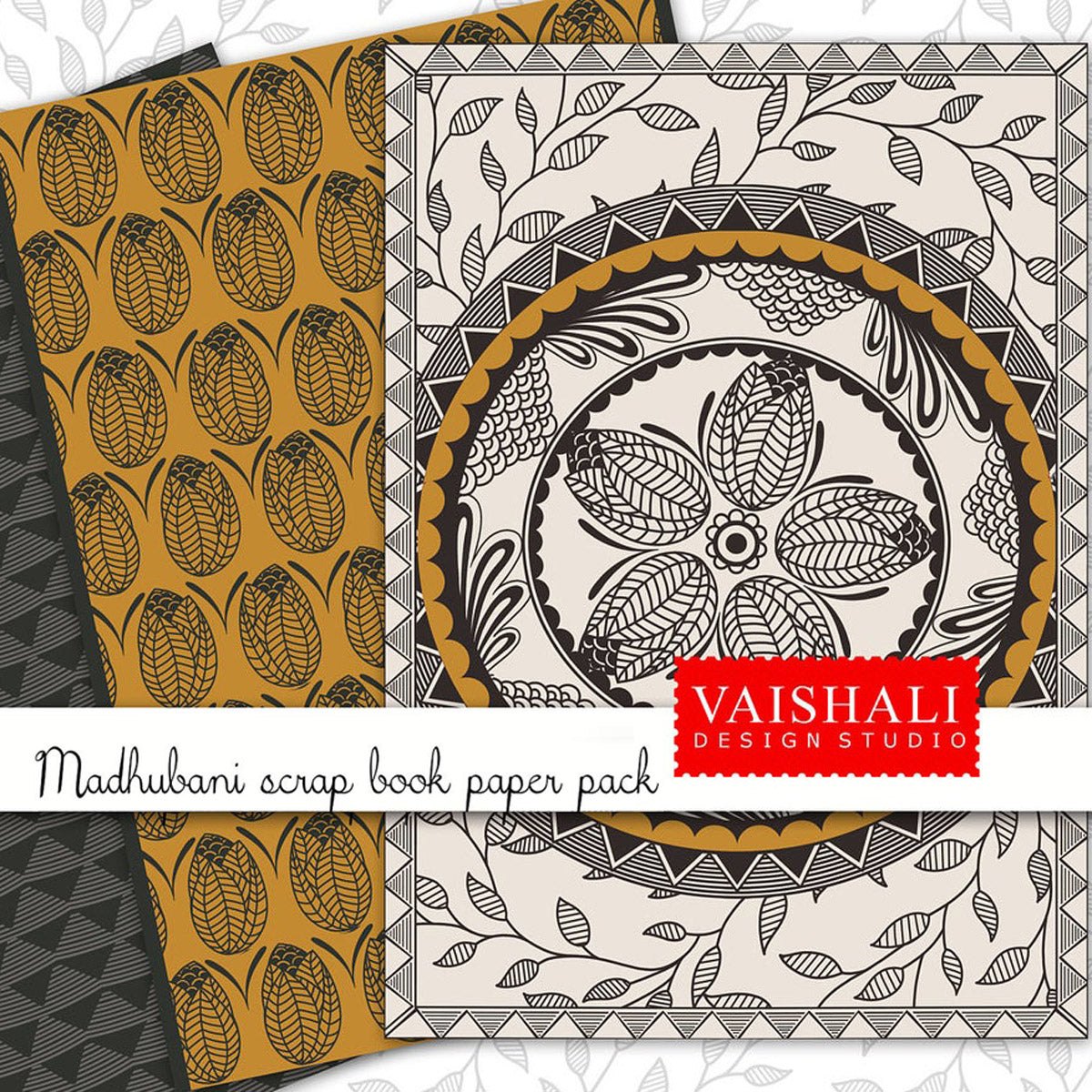 Indian Ethnic prints, Madhubani art, folk art, mustard and gray colour, 3 sheets, digital print downloads